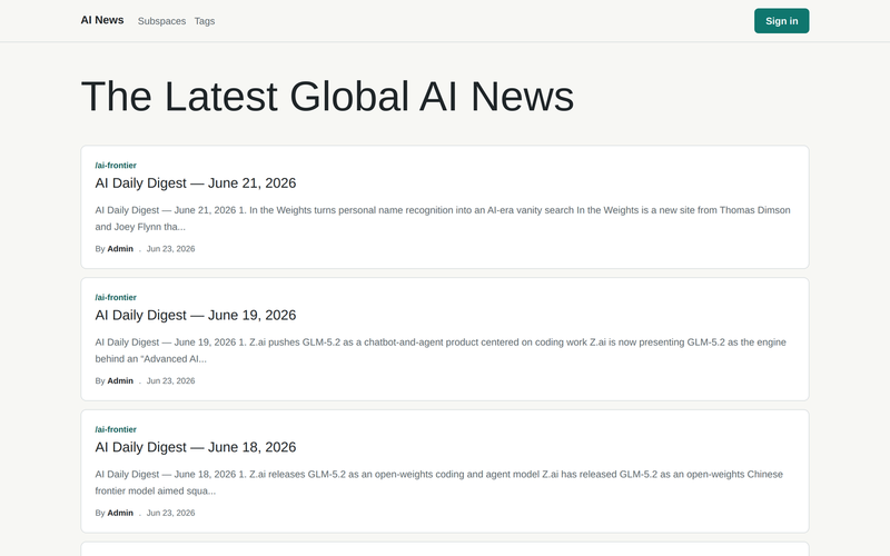 Screenshot of the AI News site showing the latest global AI news.